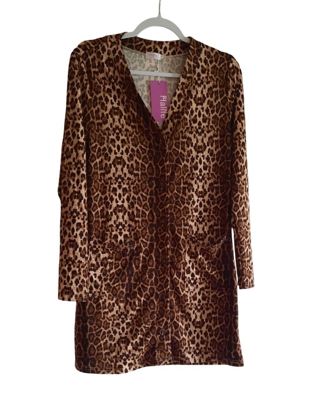 Halife Leopard Print Longline V-Neck Cardigan in Brown